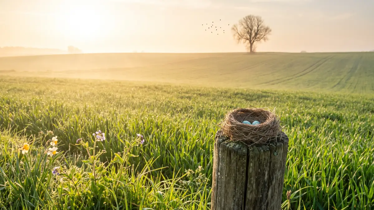 A bright spring morning over open fields just after sunrise, standing for filing a Self Assessment return in April rather than the following January.