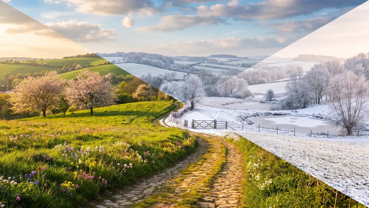 A bright landscape turning from spring to winter across a single frame, marking the gap between the 5 April end of a UK tax year and the 31 January Self Assessment deadline.