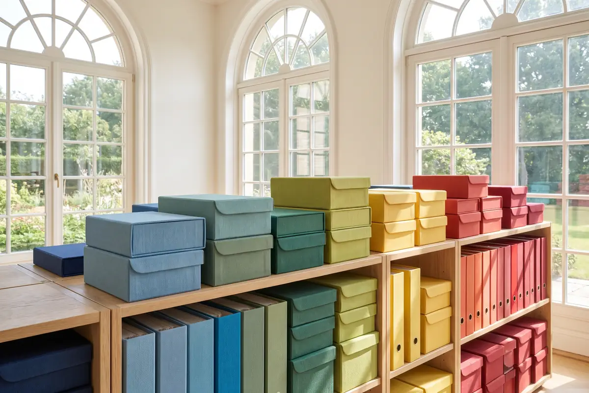 Labelled archive boxes of business paperwork stacked on shelves in bright daylight, the kind of ordered storage HMRC record retention periods assume.