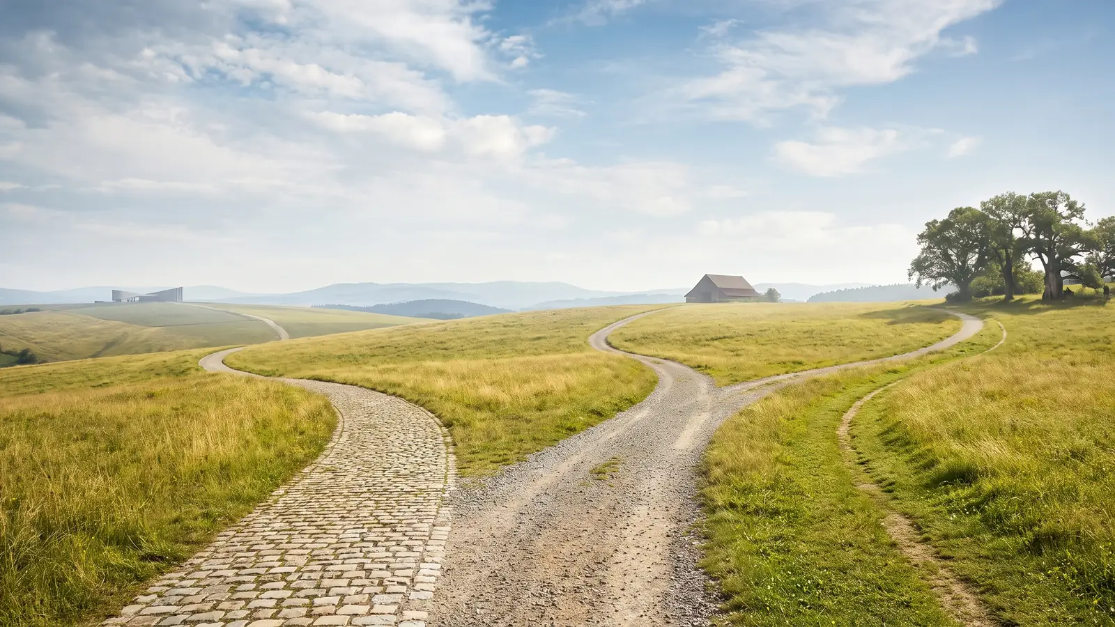 Three bright paths diverging across open countryside, standing for the choice between Xero, QuickBooks and FreeAgent accounting software for a small business.