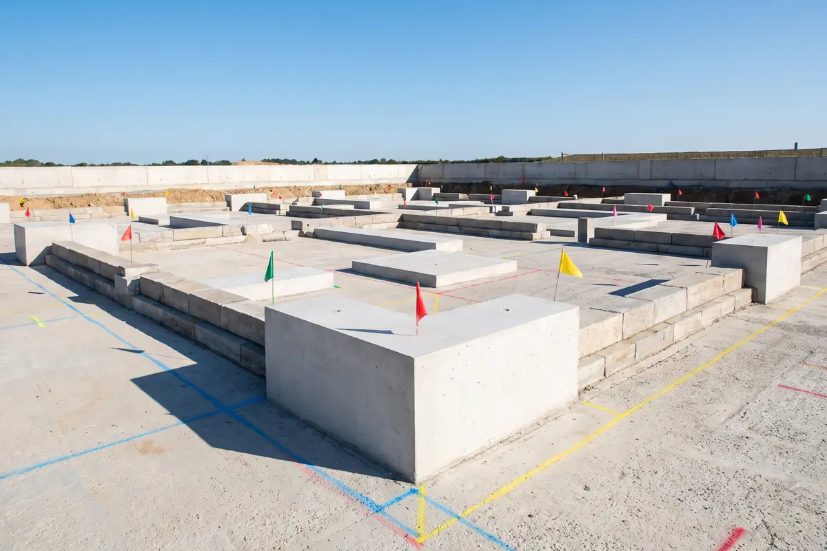Bright, precisely laid foundations on a clear day before a building goes up, standing for the opening balances and chart of accounts that decide whether accounting software works.