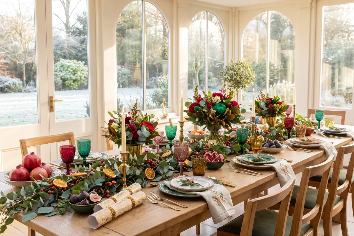 A long table laid for a company Christmas meal in warm winter daylight, the annual staff function that may qualify for the £150 a head HMRC exemption.