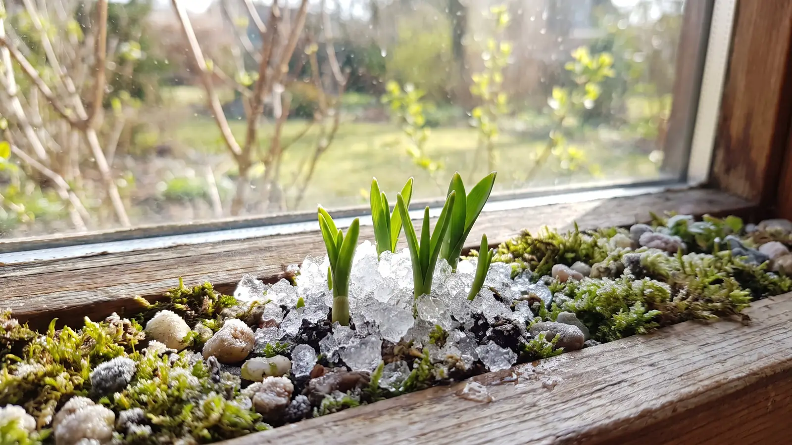 Fresh green shoots pushing through bright frost in early January sunshine, standing for small business financial habits started in the new year that are still going in March.