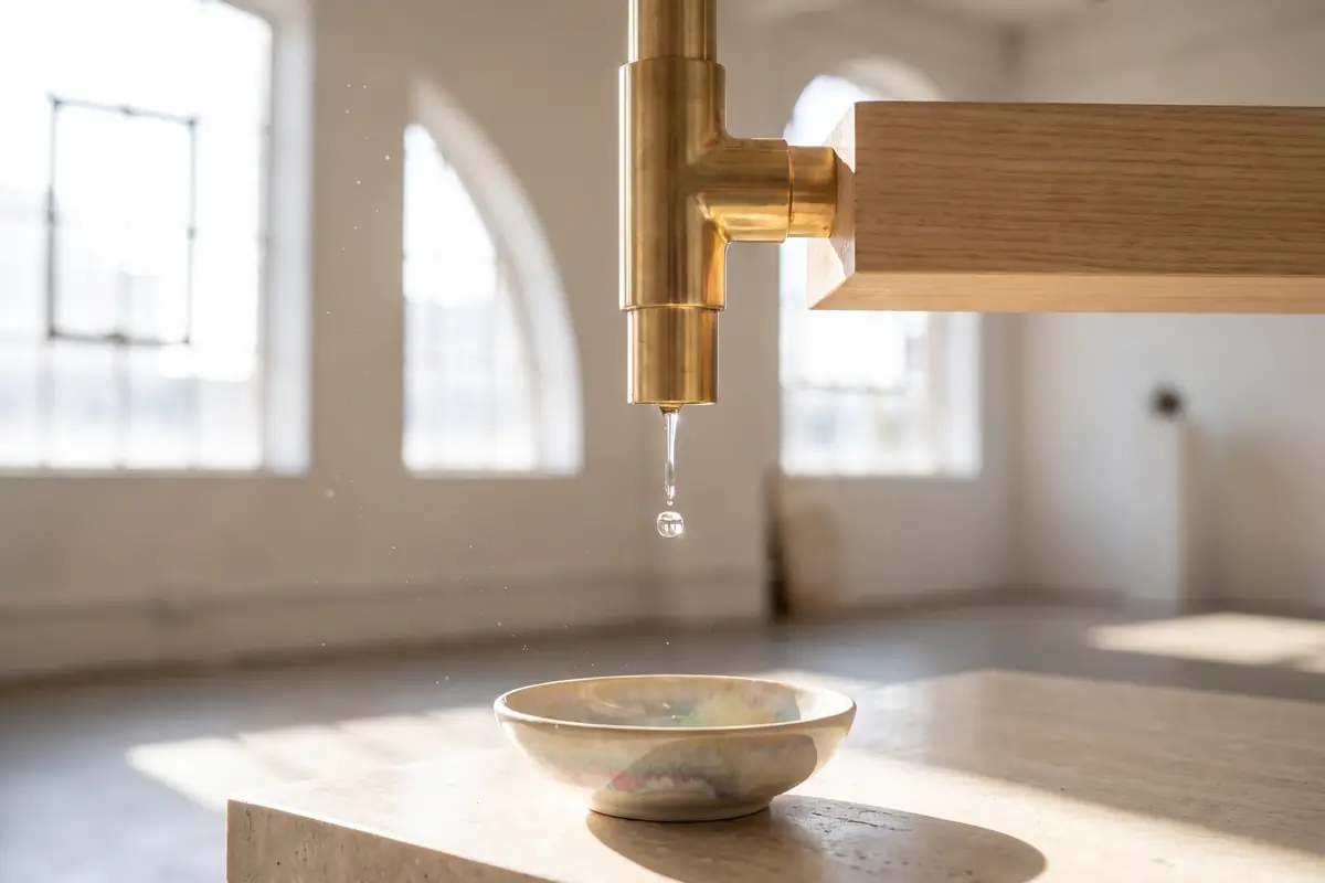 A slow drip of water from a joint in bright sunlight, standing for the way profit margin leaks from a small business gradually rather than collapsing.