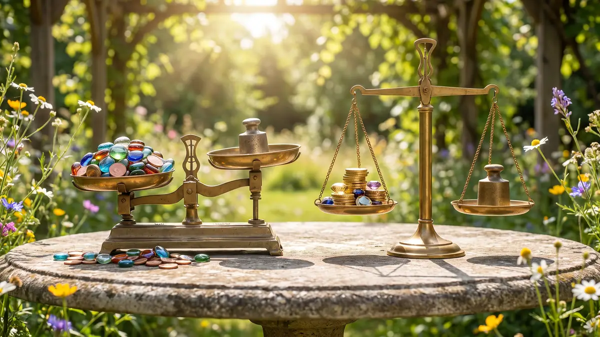 Two sets of brass scales in bright daylight, one heaped high and one balanced, showing why a larger turnover can be worth less than a smaller one with a better margin.