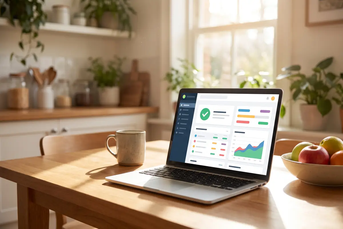A laptop on a sunlit kitchen table showing bookkeeping software with a reconciled bank feed, the kind of MTD-compatible digital record keeping Making Tax Digital for Income Tax requires.