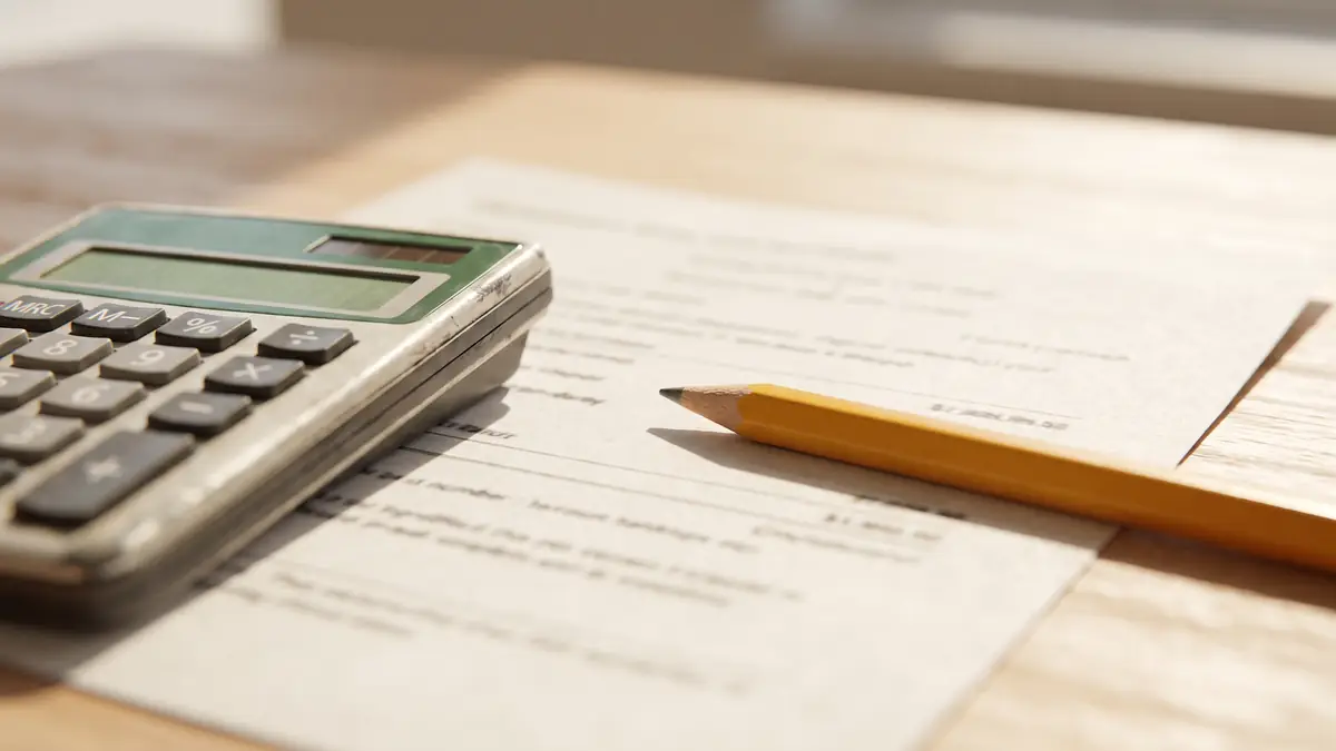 A calculator and pencil on a printed pay statement, the check an employer makes on a statutory sick pay calculation.