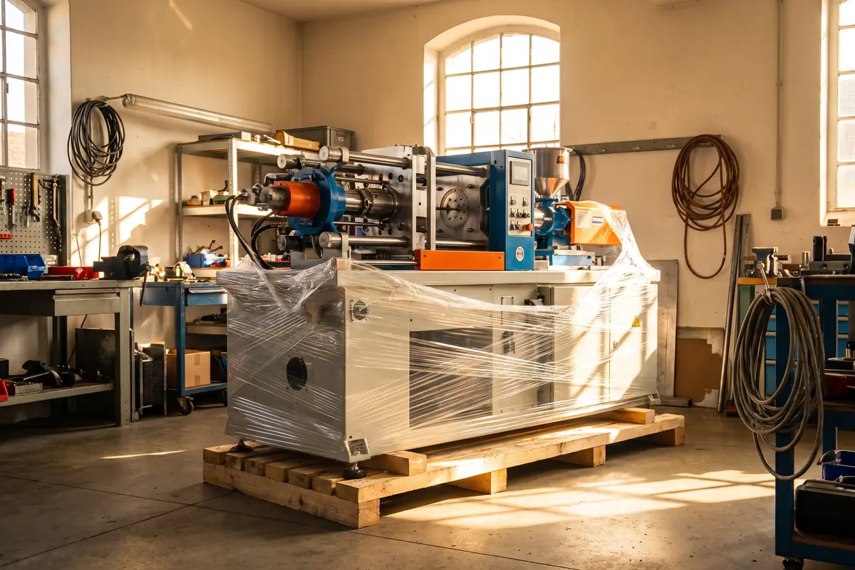 A newly delivered industrial machine still part wrapped in clear shrink film on a wooden pallet in a small workshop, hard morning sunlight from a high window across a concrete floor, the unused and not second-hand plant and machinery the 40% first-year allowance is restricted to.
