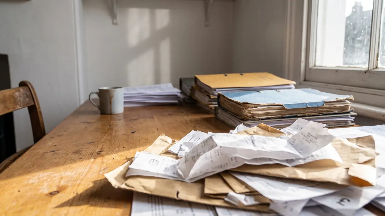 A heap of crumpled receipts and torn envelopes on a sunlit table, with the same paperwork sorted into squared stacks and worn folders behind it.
