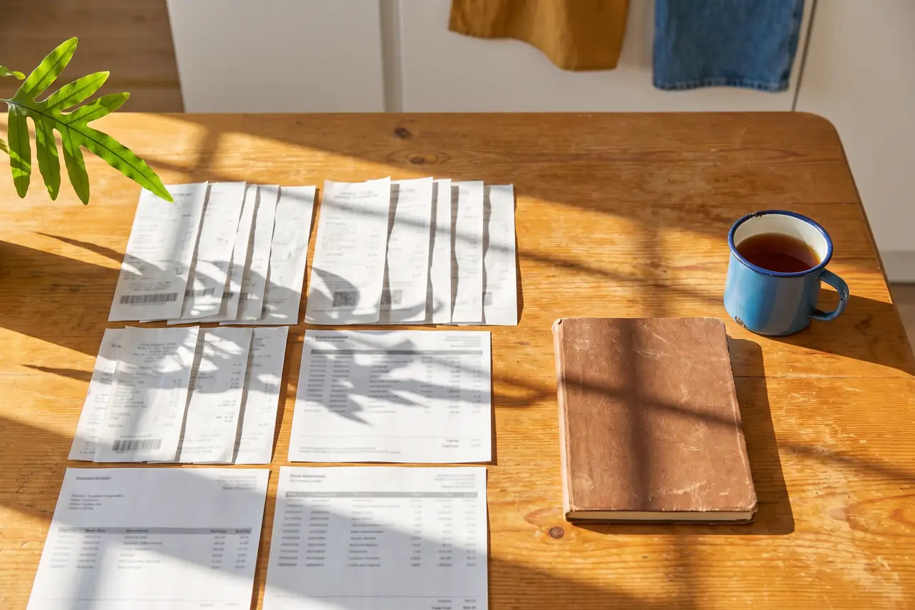 A month of paper receipts and bank statements laid out in rows on a sunlit wooden table, with a leather notebook and a blue enamel mug of tea beside them.