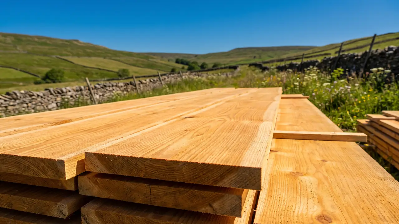 Freshly sawn timber boards stacked in bright sunlight with the golden grain showing, a dry stone wall and green hills behind.