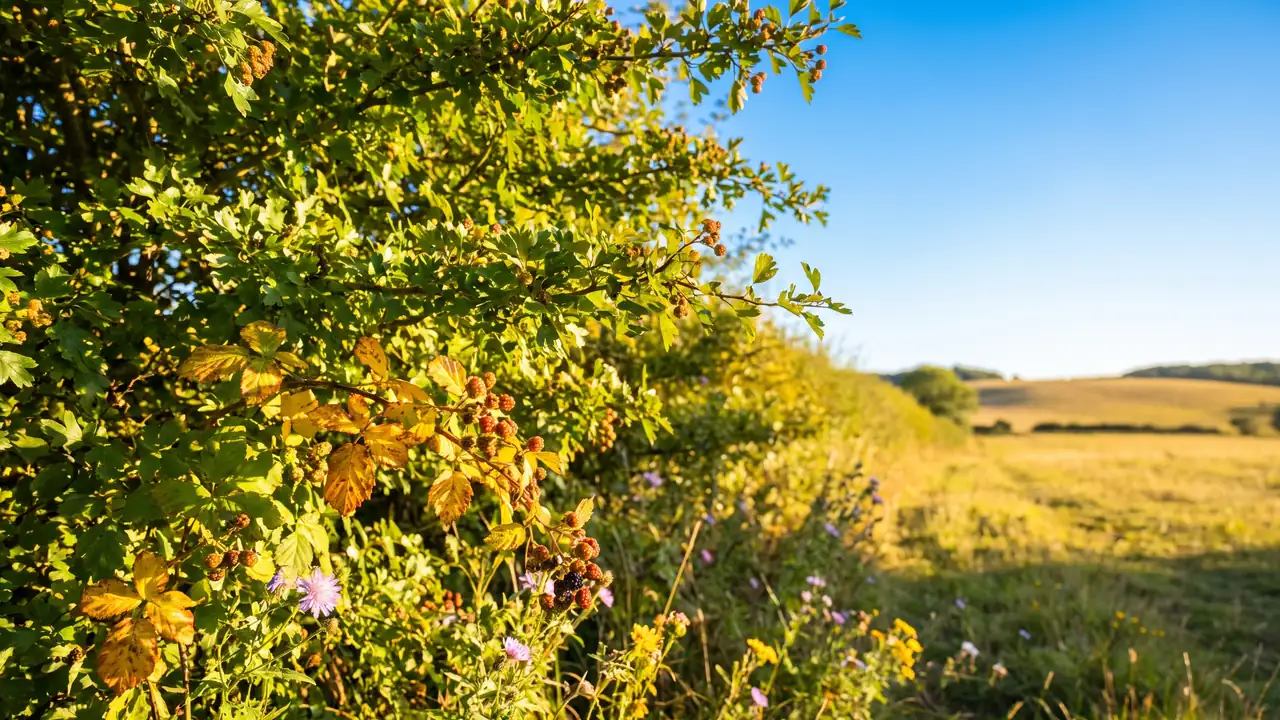A late summer hedgerow with the first gold and red coming through the green, above an open field in warm afternoon light.