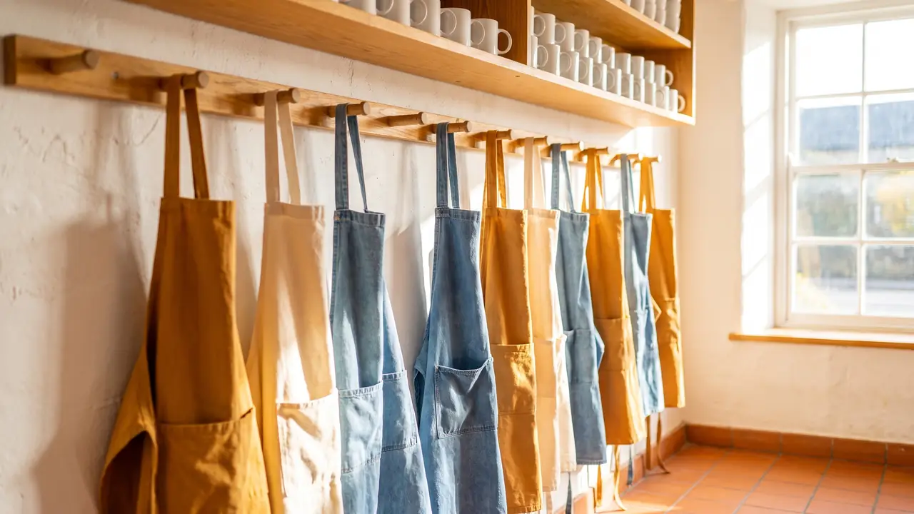 A row of clean work aprons hanging on wooden pegs along a whitewashed wall in a small bakery, with a shelf of mugs above them and morning sun across the row.