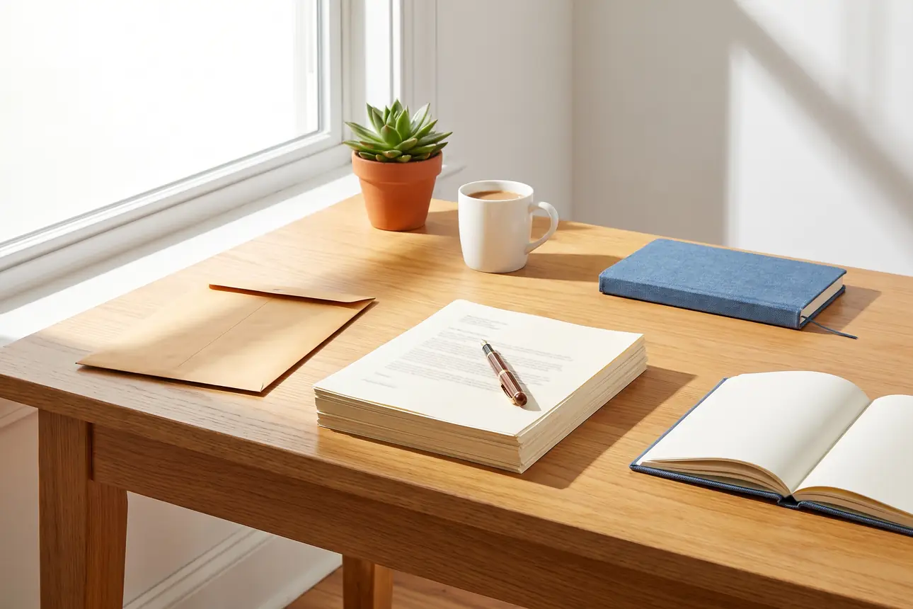 A brown manila envelope and a squared stack of documents on a sunlit oak desk, with a fountain pen resting on top and a blue cloth notebook beside them.