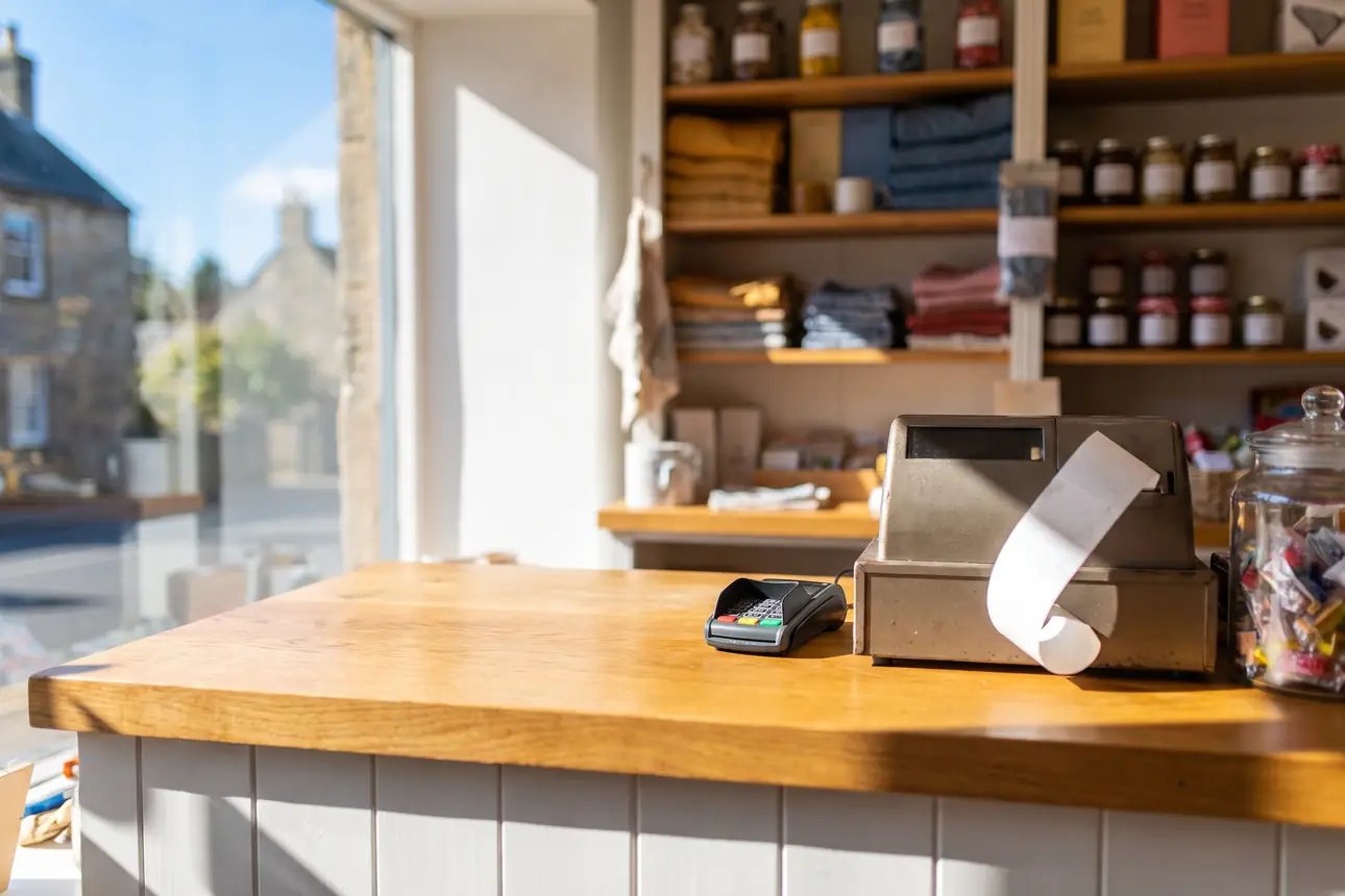 The oak counter of a small independent shop in bright morning sun, with a card reader, a till printing a receipt and shelves of stock behind it.