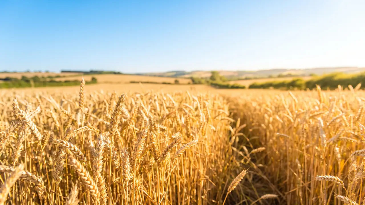 A ripe golden wheat field at harvest under a wide clear blue sky, with a cut path running through it.
